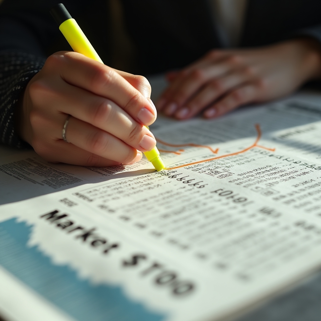 Detaliu cu mâini adnotând un articol financiar tipărit