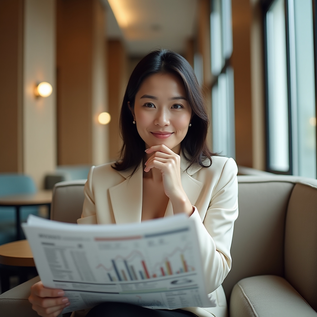 Persoană citind cu atenție presa financiară într-un spațiu de lucru luminos