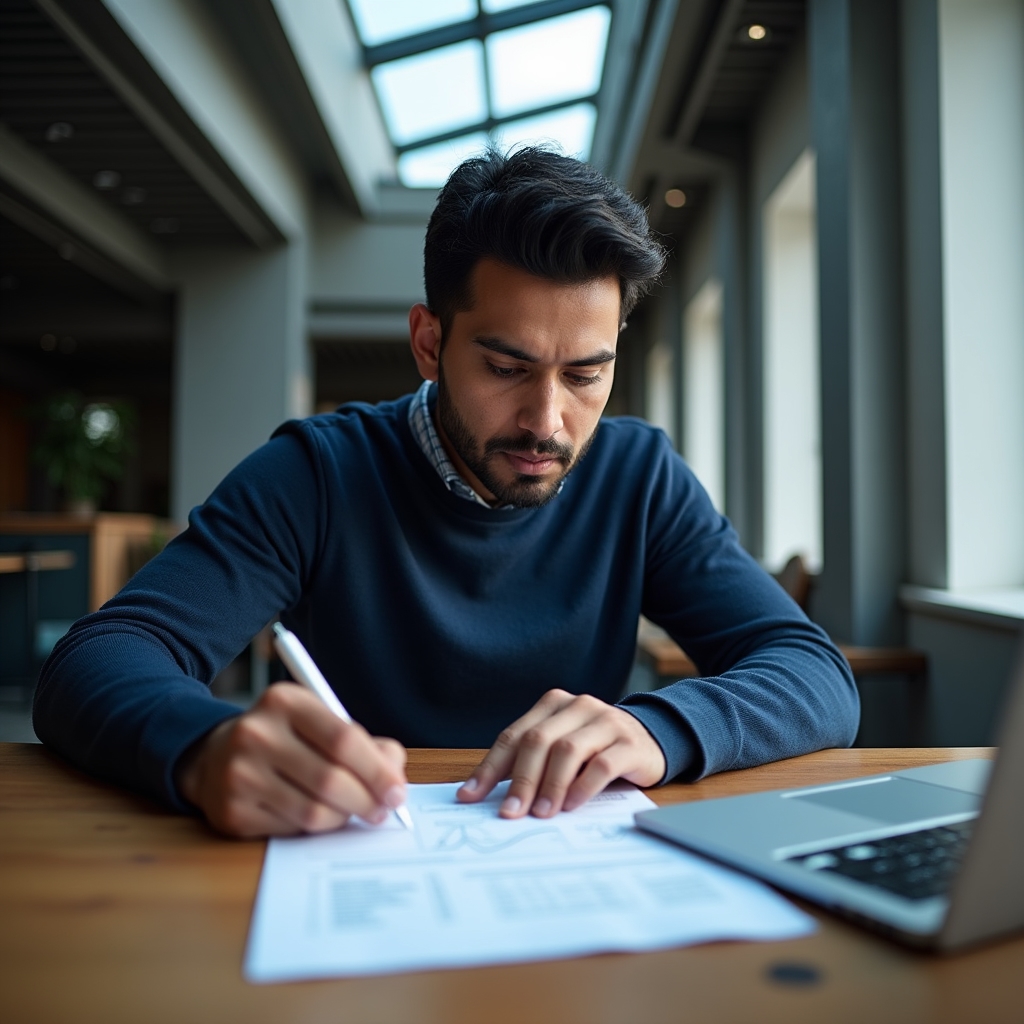 Persoană verificând date financiare publice pe laptop, cu rapoarte tipărite alături